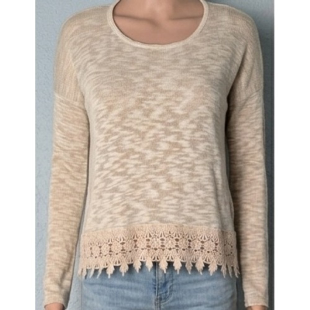 Rewind Boho Marled Knit Crochet Lace Trim Sweater Beige Cream S Small NK3730EQC
